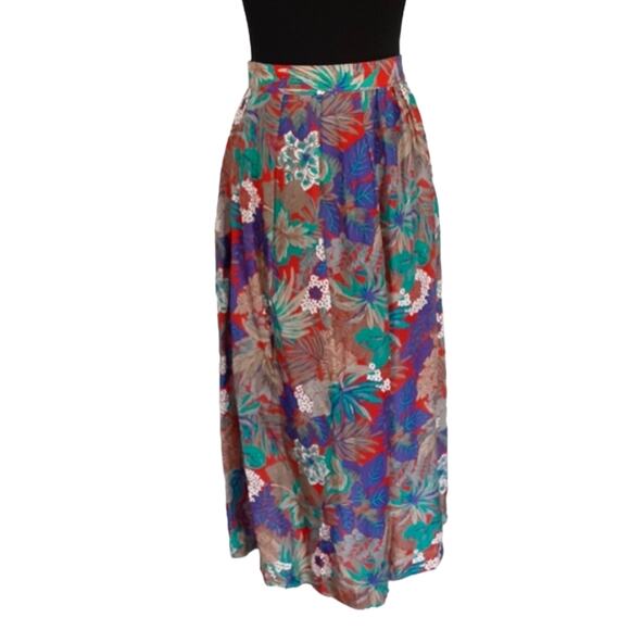 Vintage 80s Box Pleated Midi Skirt Fall Floral XS Kiwi Girl Coastal Grandma - Picture 1 of 11